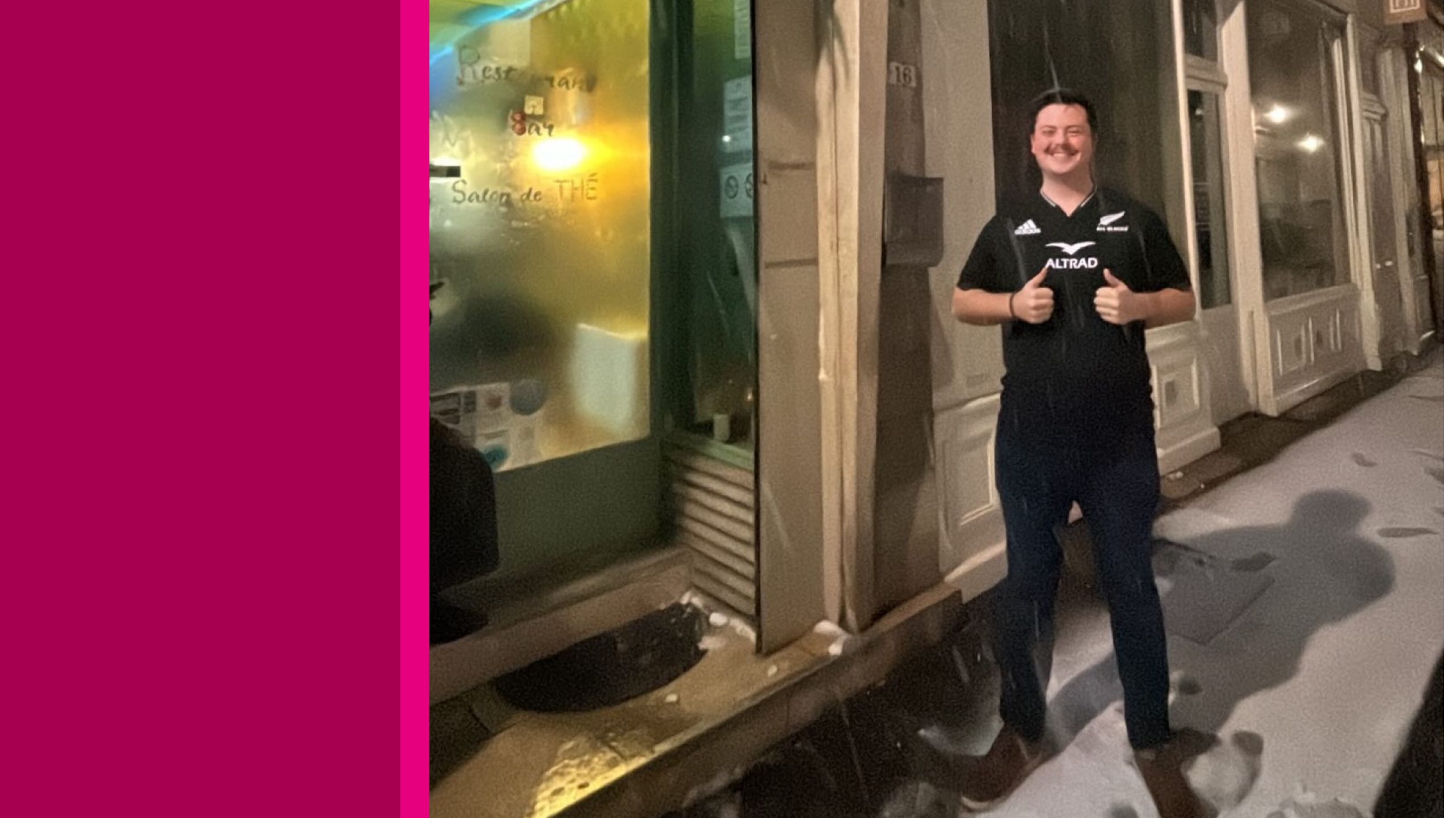 University of Galway student Morgan Sheils standing in snow giving two thumbs up.